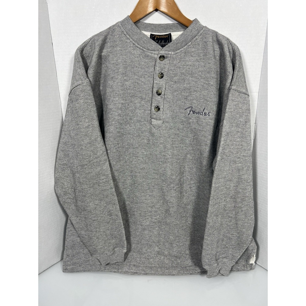 Vintage Fender Solidbody Gear Henley Long Sleeve Large GRAY Guitar Oversized 026